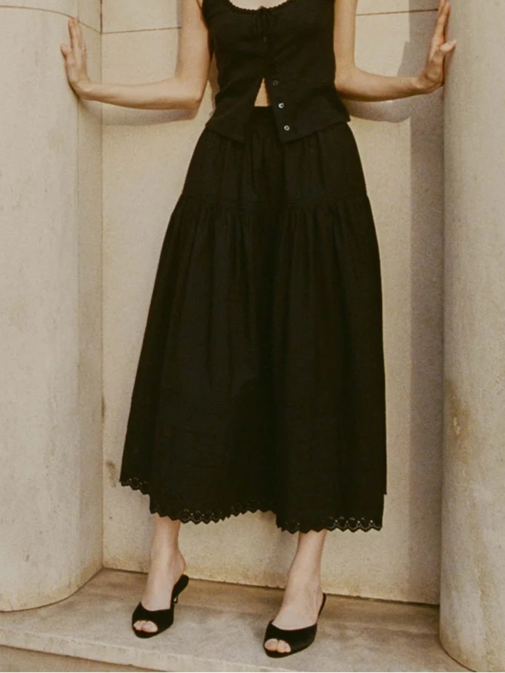 Doen SEBASTIANE Black Cotton Tiered Maxi Skirt with Eyelet Hem - Small